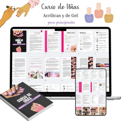 Módulos digitales del curso de uñas acrílicas y gel en laptop y celular con guía PDF de manicura profesional.