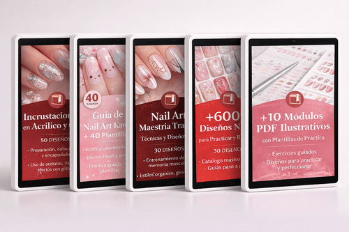 Tablets con los 10 módulos del curso de uñas acrílicas, nail art kawaii y gel con plantillas PDF ilustradas.